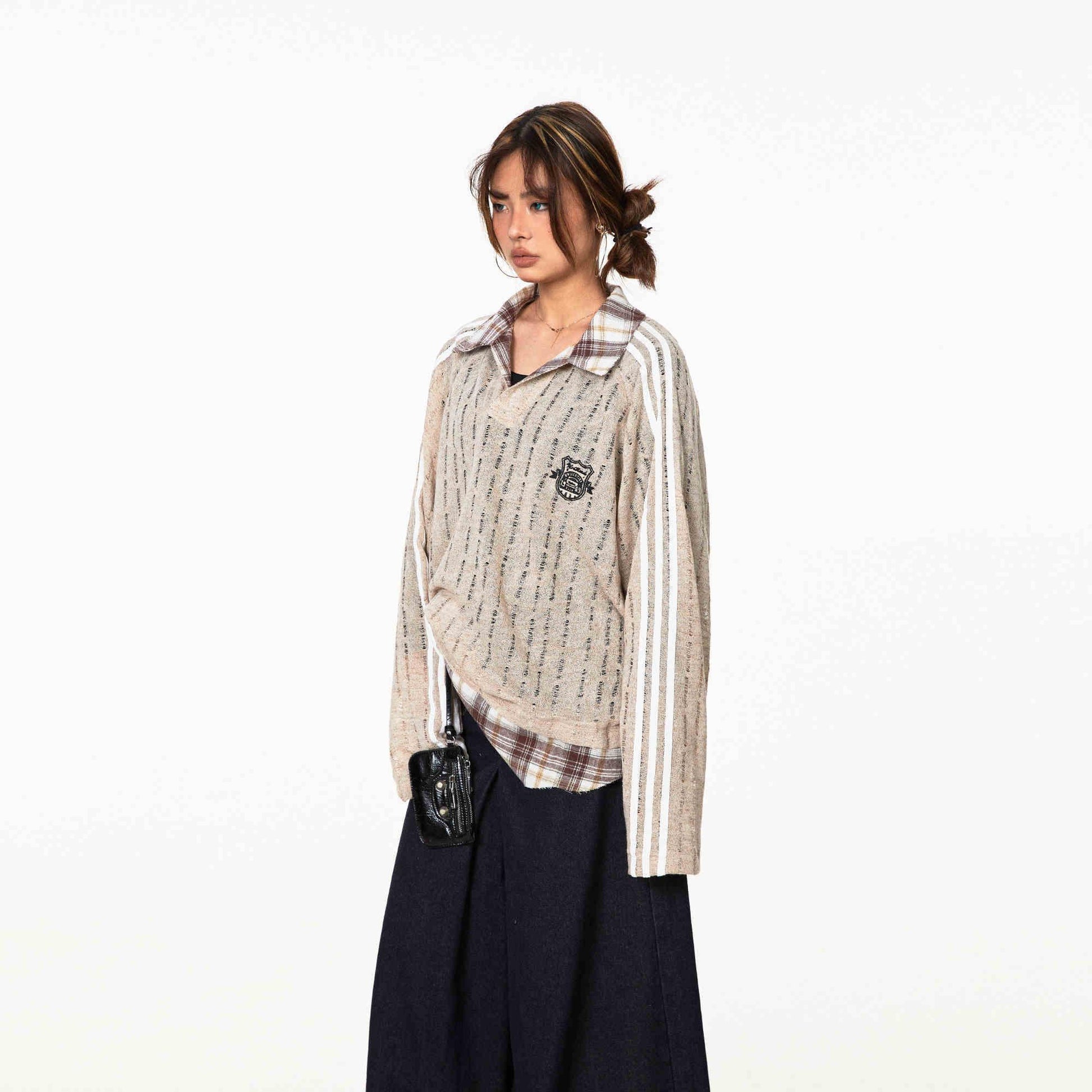 Vintage Stripe Stitching Sweatshirt For Female Coffee