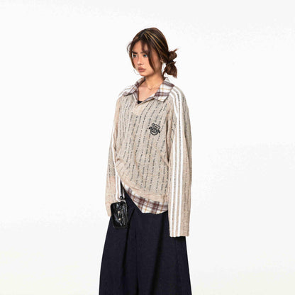Vintage Stripe Stitching Sweatshirt For Female Coffee