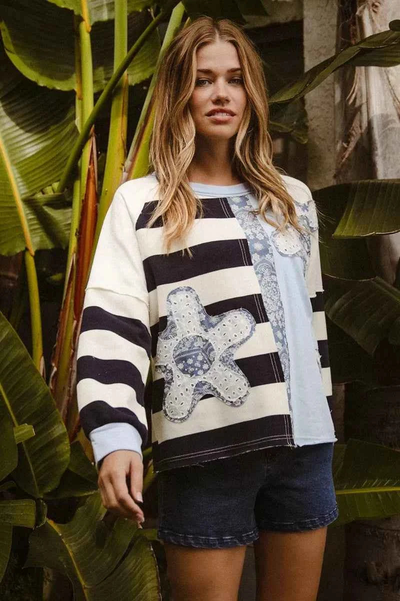 Patchwork Striped Round Neck Sweatshirt For Women Trendsi