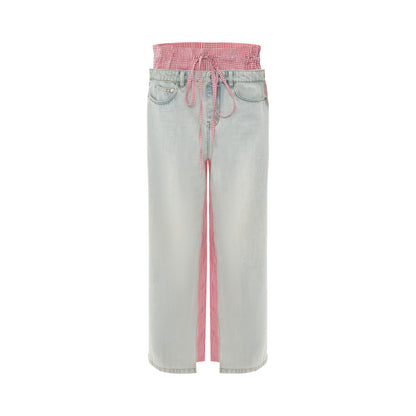 Patchwork Pink Plaid Women's Jeans Red