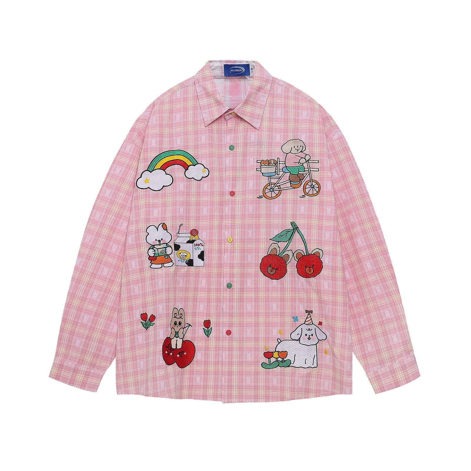 Retro Cartoon Plaid Long Sleeve Shirt For Women Light Pink eprolo