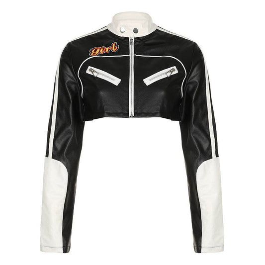 Letter Print Spliced Short Jacket For Women | MuddyStock Originals Black MuddyStock