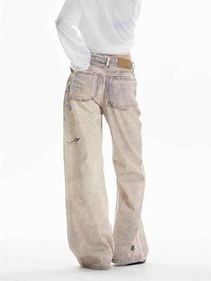 Retro Chain Print Worn Women's Straight Wide-leg Pants MuddyStock