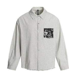 Character Print Destroyed Hem Striped Shirt For Men | MuddyStock Originals White Stripes