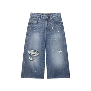 Broken hole decoration mid waist denim casual shorts Navy Blue