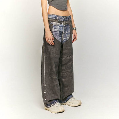 Leather Patchwork Digital Printing Jeans Brand Wide Leg Jeans MuddyStock