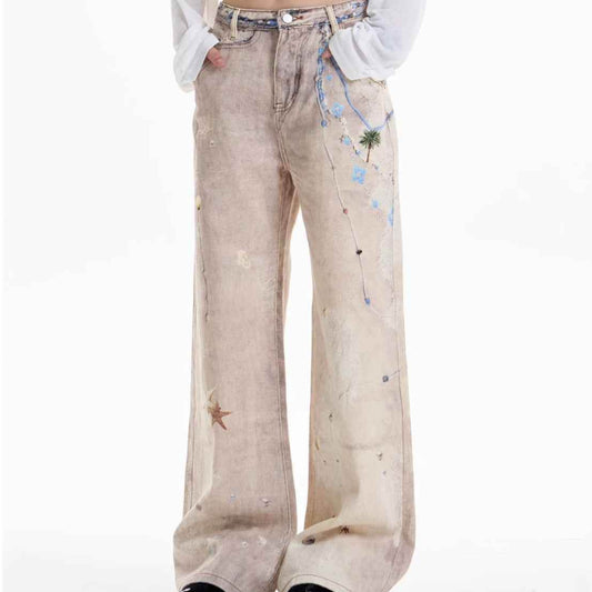 Retro Chain Print Worn Women's Straight Wide-leg Pants MuddyStock