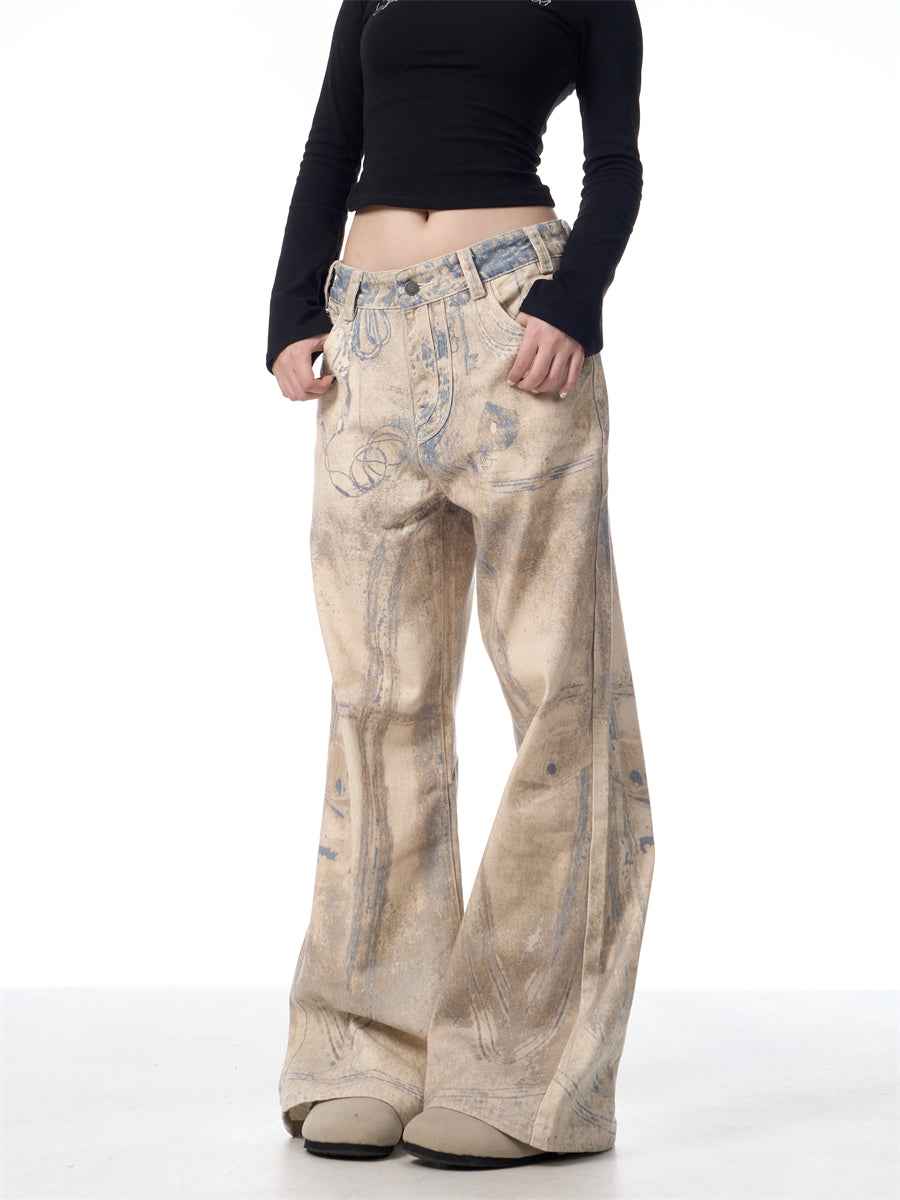 Retro Full Printed Washed Jeans For Men And Women MuddyStock