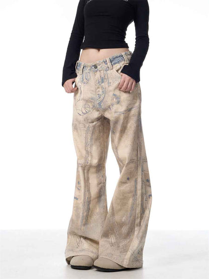 Retro Full Printed Washed Jeans For Men And Women MuddyStock