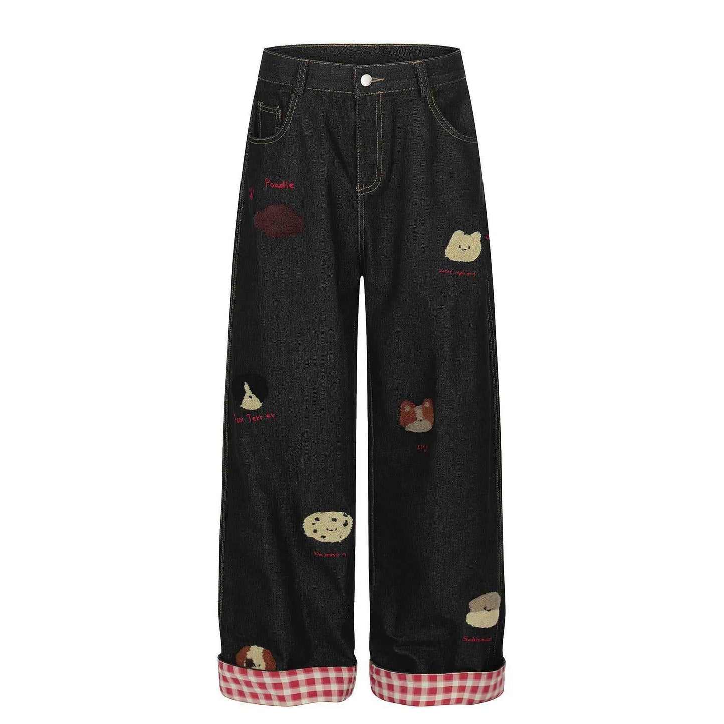 Washed vintage puppy embroidered lazy jeans for women | MuddyStock Originals Black MuddyStock