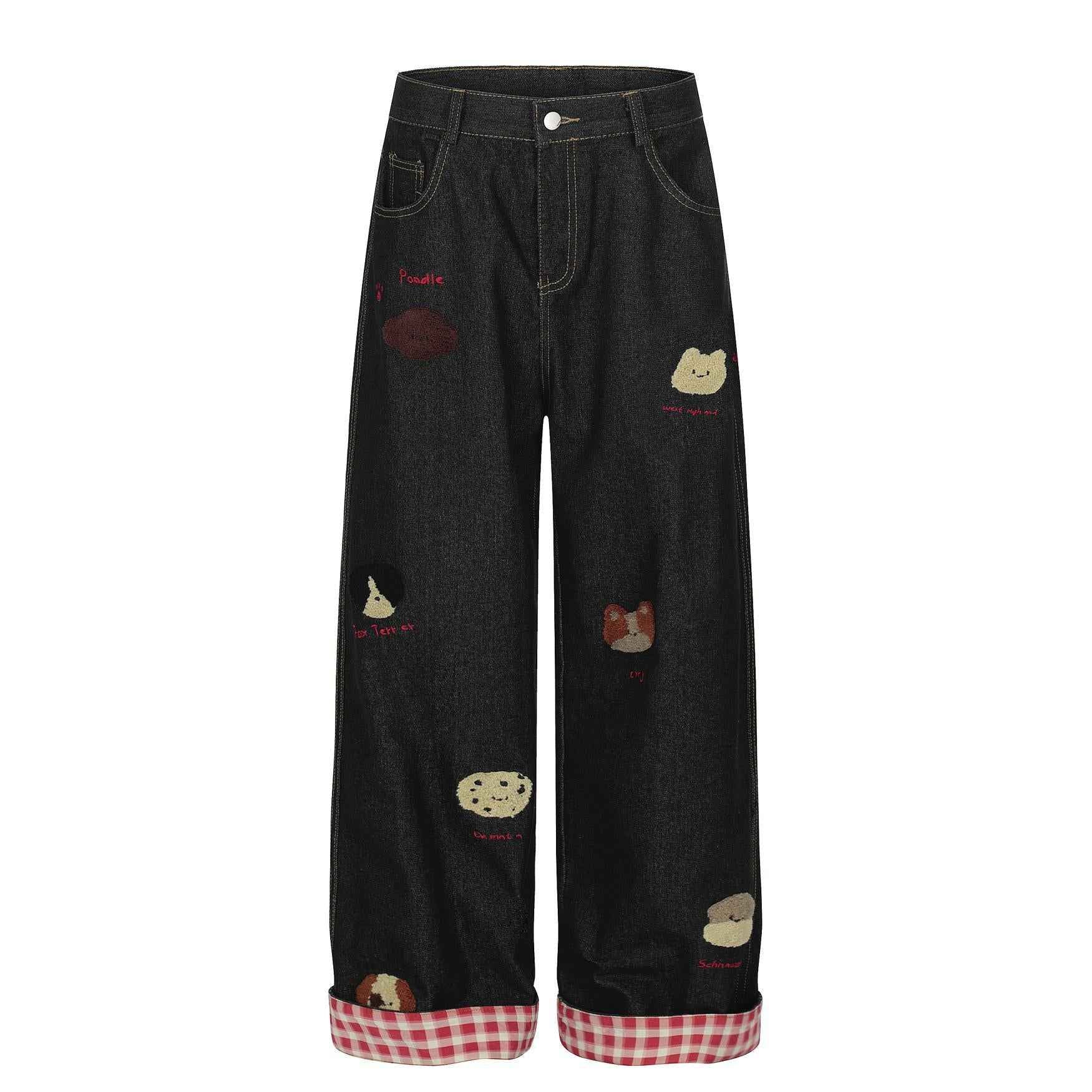 Washed vintage puppy embroidered lazy jeans for women | MuddyStock Originals Black MuddyStock