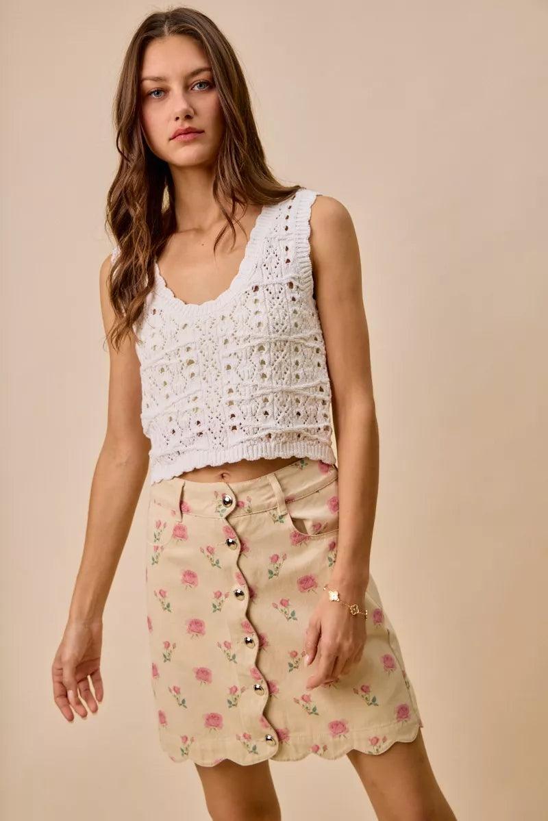 Floral Rose Print Cotton Twill Scallop Mini Skirt