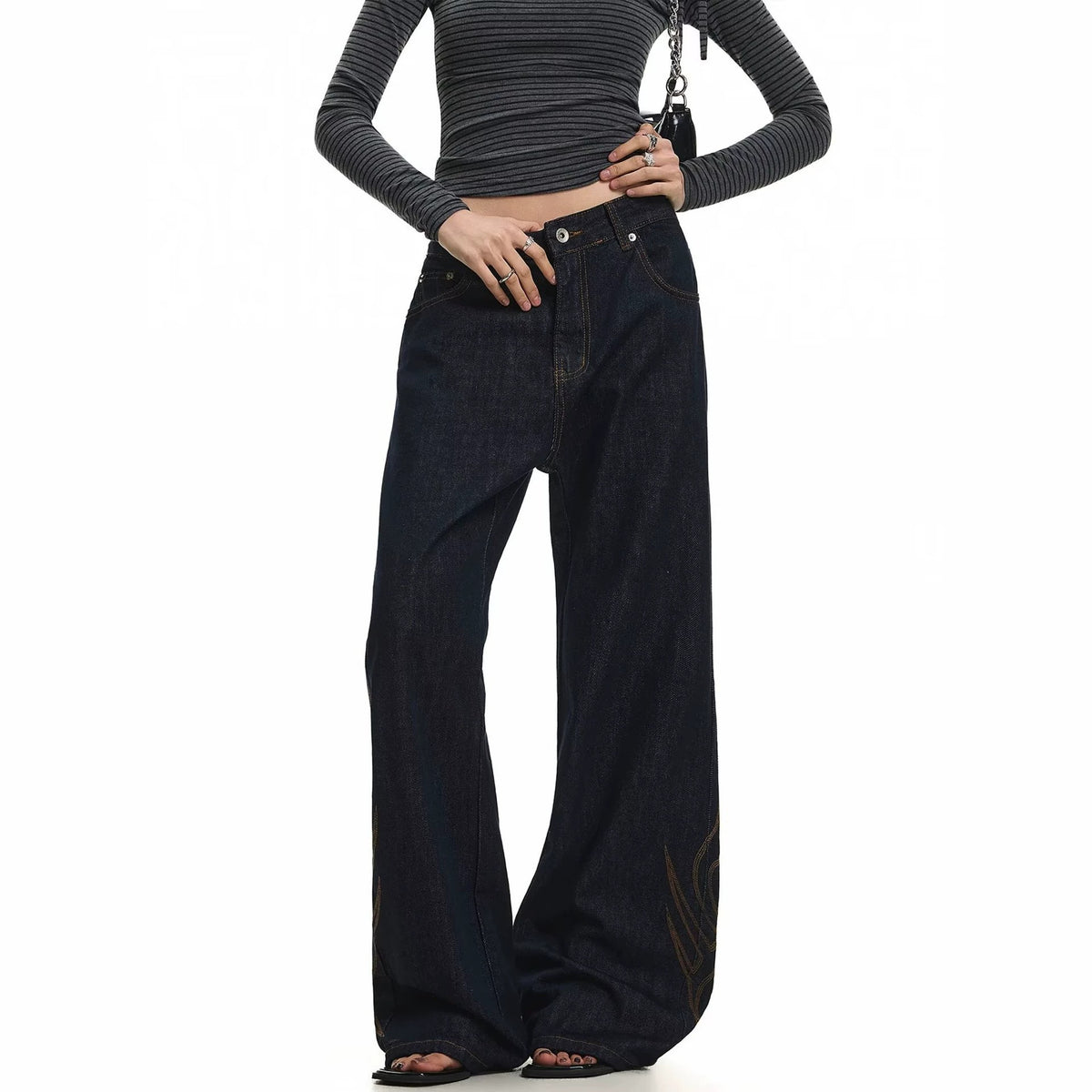 Vintage Tribal Embroidery Slim Fit Flared Denim High Waist Zipper Jeans