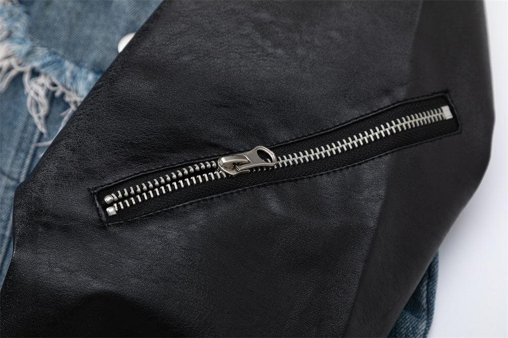 European And American Style Stitching PU Leather Sleeve Denim Jacket For Women null