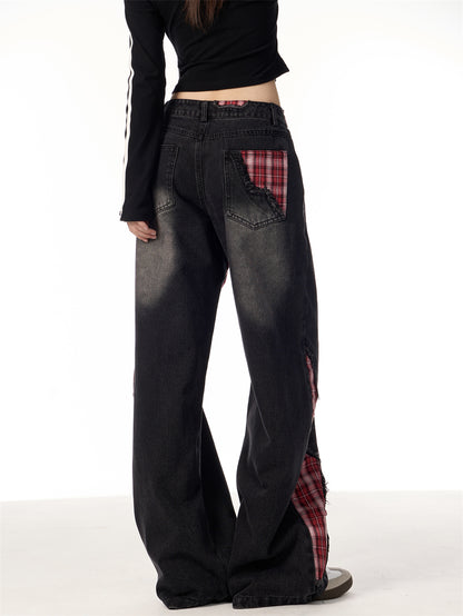Bowknot Loose Sweet Cool Plaid Stitching Jeans Women's Straight Wide Leg Pants MuddyStock