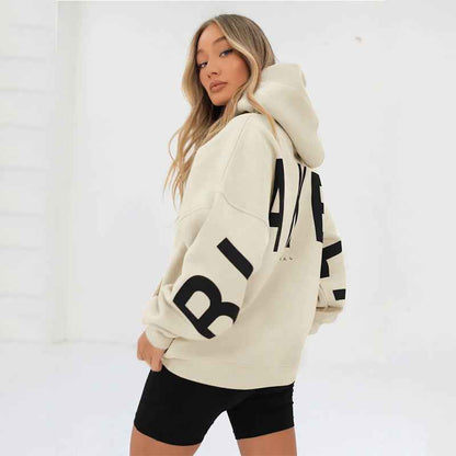 Women's Fashion Printed Thickening Long Sleeve Loose Hooded Sweater Apricot MuddyStock