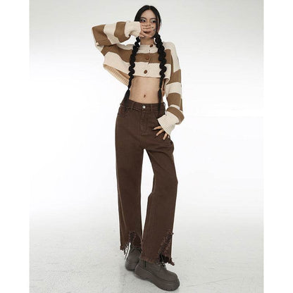 Coffee Colored Distressed Cropped Jeans For Women Coffee MuddyStock