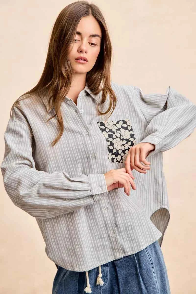 Flower Jacquard Knit Patch Pocket Stripe Shirt For Women Trendsi
