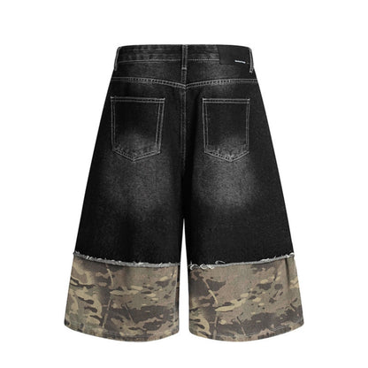 Camouflage patchwork denim shorts