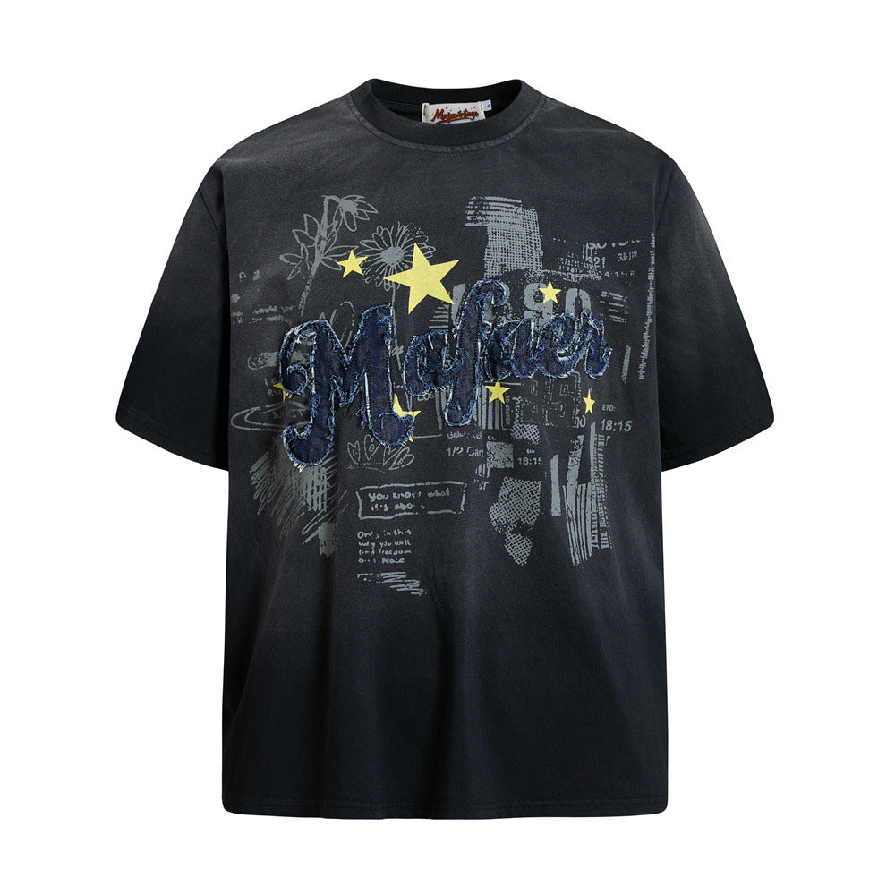 Alphabet patch embroidery gradient short sleeved shirt Black
