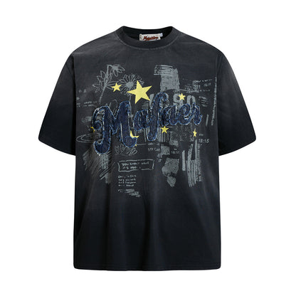 Alphabet patch embroidery gradient short sleeved shirt Black
