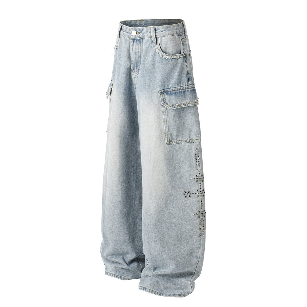 Stamping decorative wide leg denim pants for women | MuddyStock Originals