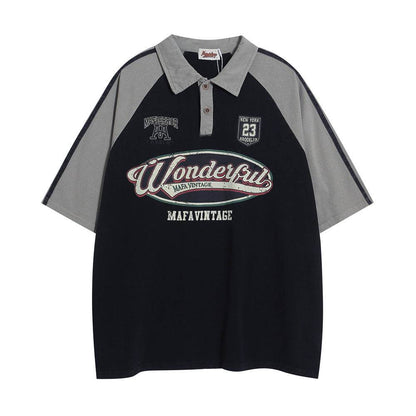 Retro Short Sleeve Loose Polo Shirt Men's Letters Black MuddyStock