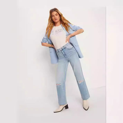 High waisted straight leg ripped loose cropped jeans