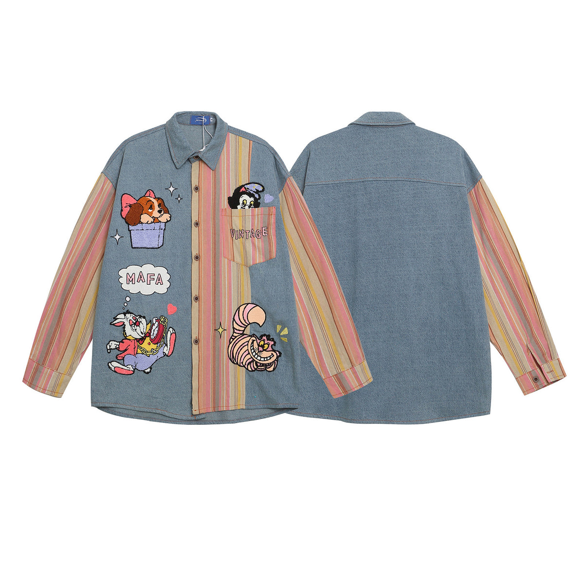 Cartoon Embroidery Long Sleeve Shirt Unisex Splicing Loose Casual Versatile Couple Blouse Jacket