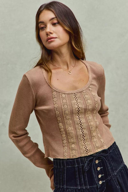 Vintage Washed Lace Crop Thermal Washed Knit Top