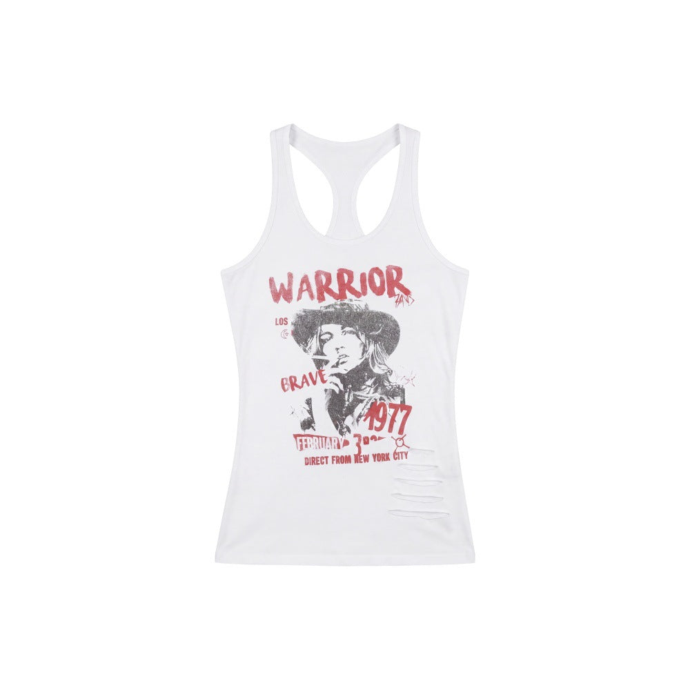 Printed Ripped Sleeveless Tank Top for Women Fitted Summer Crop Top Outerwear White