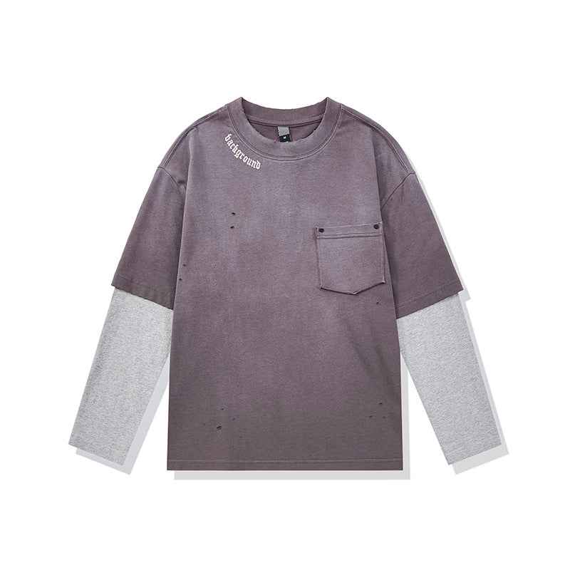 Washed Distressed Printed Faux Two-Piece Loose Long Sleeve T-Shirt For Men