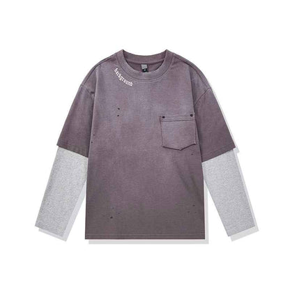 Washed Distressed Printed Faux Two-Piece Loose Long Sleeve T-Shirt For Men