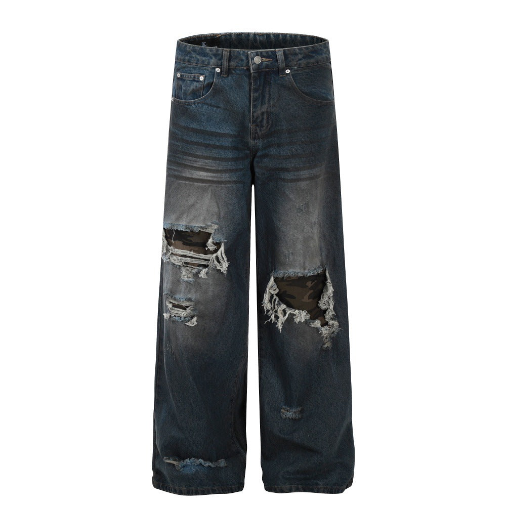 Make old distressed camouflage patch straight leg jeans for men | MuddyStock Originals Blue