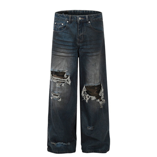 Make old distressed camouflage patch straight leg jeans for men | MuddyStock Originals Blue