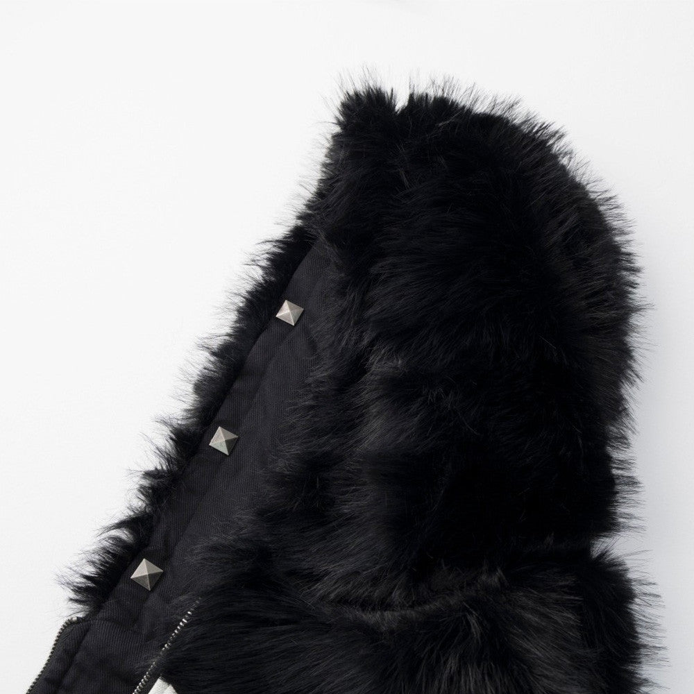 Men's Trendy Cross Patch Embroidery Faux Fur Hooded Cotton Padded Jacket
