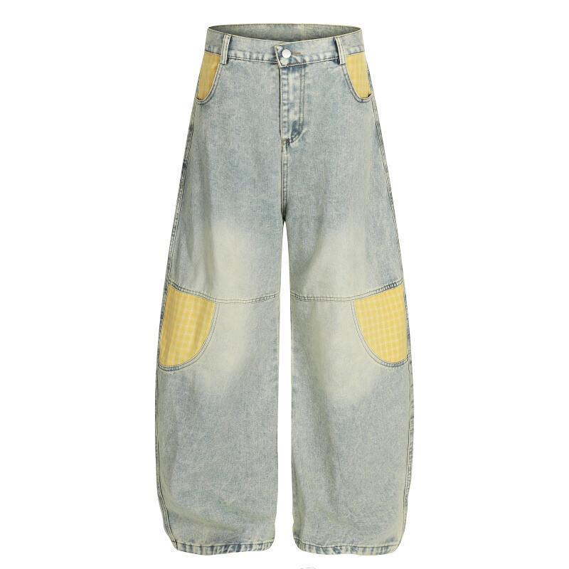 Men's Retro Plaid Patchwork Bootcut Jeans Blue All Products