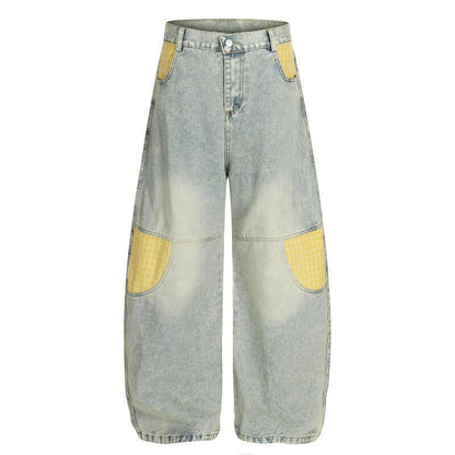 Men's Retro Plaid Patchwork Bootcut Jeans Blue All Products