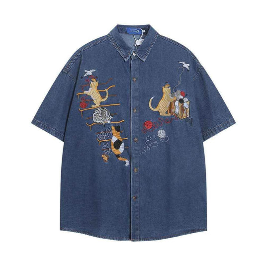 Embroidered Cat Denim Short Sleeve Shirt For Men And Women MuddyStock