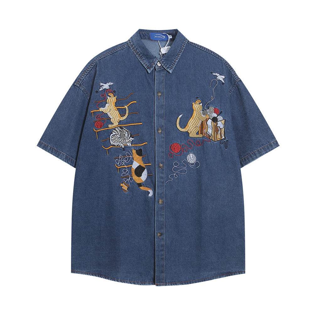 Embroidered Cat Denim Short Sleeve Shirt For Men And Women Blue MuddyStock
