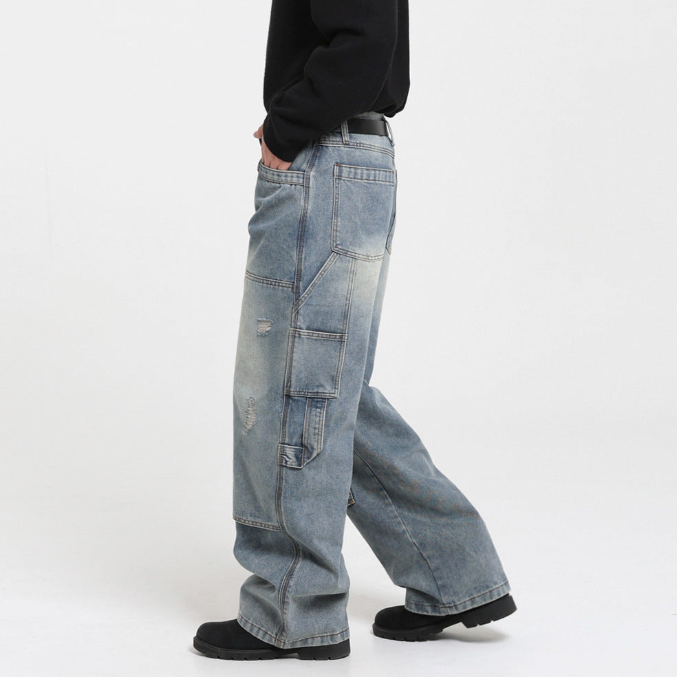 Vintage Washed Ripped Denim Pants Men Autumn Winter Loose Wide Leg Straight Cut Casual Wear eprolo
