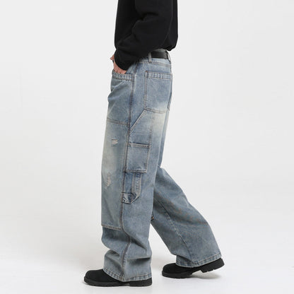 Vintage Washed Ripped Denim Pants Men Autumn Winter Loose Wide Leg Straight Cut Casual Wear eprolo