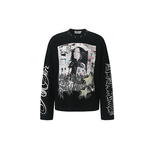 Streetwear Waffle Long Sleeve Studded Collar Graphic Print T-Shirt For Men | MuddyStock Originals Black