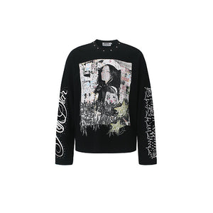 Streetwear Waffle Long Sleeve Studded Collar Graphic Print T-Shirt For Men | MuddyStock Originals Black