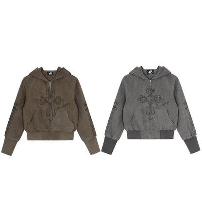 Retro cross print short hoodie for women | MuddyStock Originals