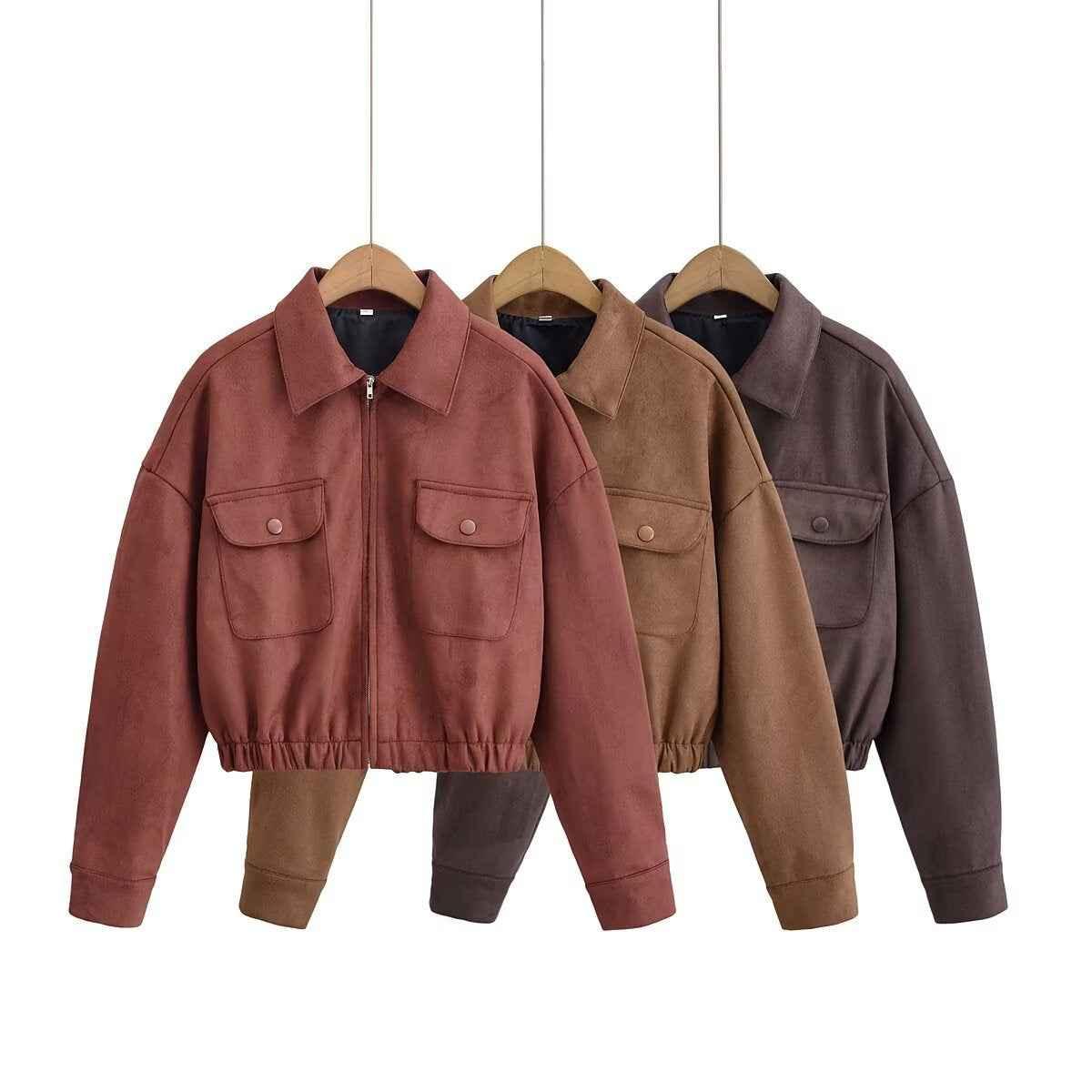 Flip collar pocket hem loose suede jacket for women | MuddyStock Originals