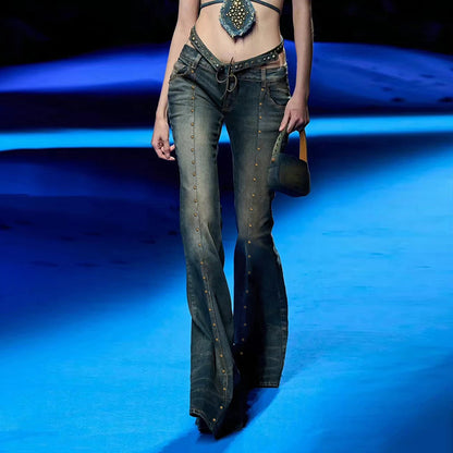 Retro personality rivet micro flared slimming jeans