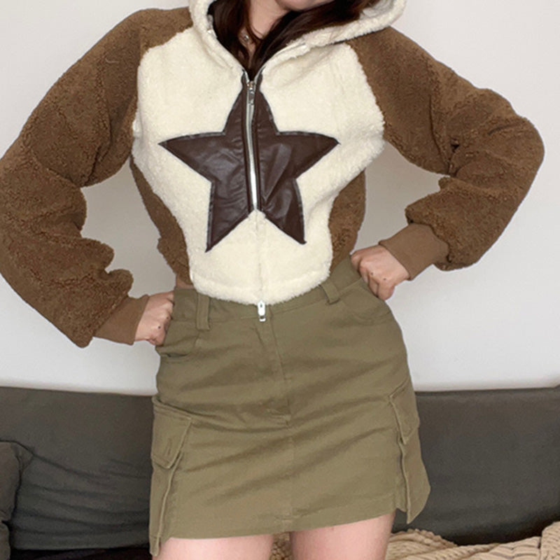 Hooded Star Patch Hoodie For Women Khaki MuddyStock
