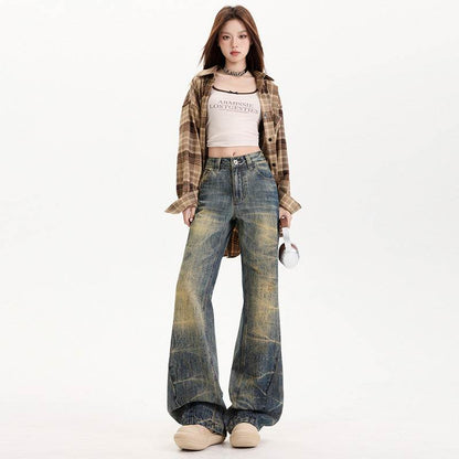 Women's Flared Jeans Low Waist Heavy Work Design Embroidered Trumpet Pants Retro Blue # Extended Length eprolo