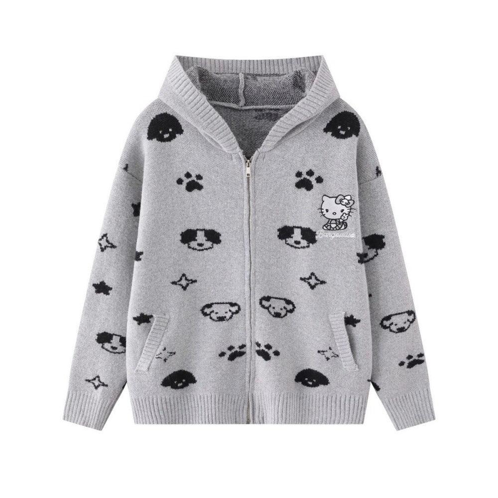 Full printed jacquard cartoon rabbit ear hooded knitted hoodie for women | MuddyStock Originals Gray